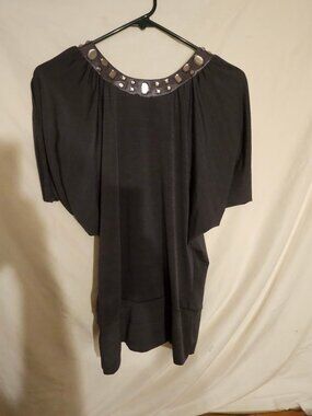 Embellished Dark Gray Tunic Top with Beaded Neckline
